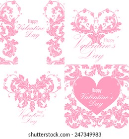Set of valentines day greeting cards with baroque floral ornament. Gentle vintage design. Vector illustration.