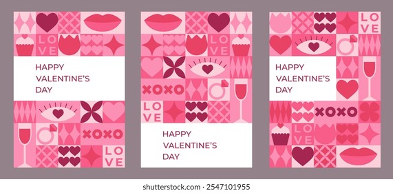 Set of Valentine's day greeting cards with pink elements and geometric shapes. Template for Valentine holiday design. Vector illustration