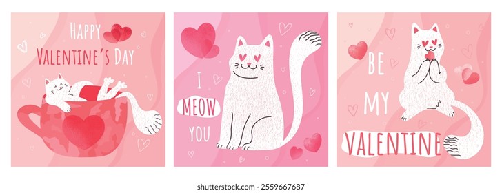 Set of Valentines Day greeting cards with cute hand drawn white cat. Cute cat in love, cat lying in a cup, biting heart. Vector template, cover, invitation