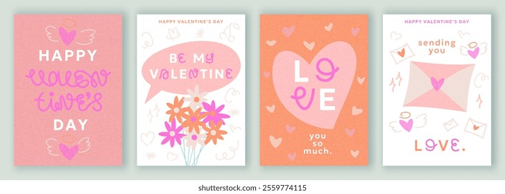 Set of Valentine's Day greeting cards, hand drawn designs in pastel colors. Decorative elements, hearts, flowers, love letters, grainy texture and modern typography. Template for print or digital use.