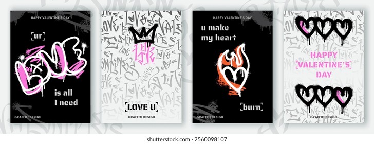 Set of Valentines day greeting cards in graffiti style. Grunge banners, posters, covers with spray paint hearts, love symbol. Stylish modern valentine postcards, templates for print, social media, web