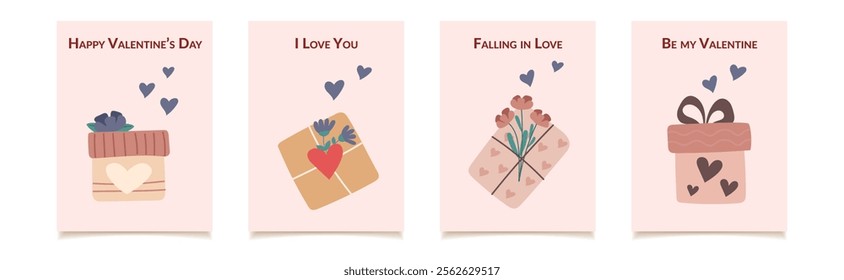 Set of Valentines day greeting cards with gift boxes. Valentines day and love concept. Flat style hand drawn vector posters.