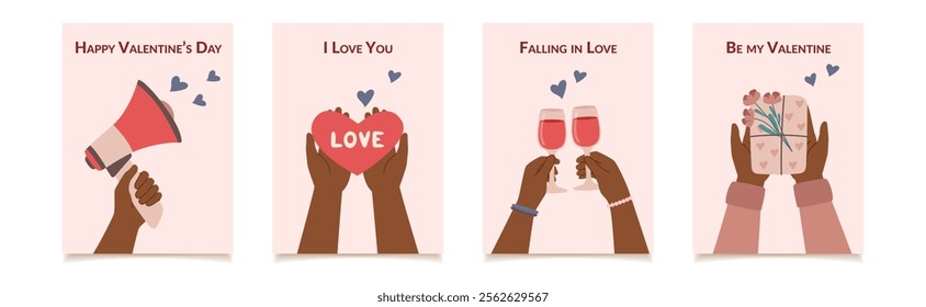 Set of Valentines day greeting cards with human hands and valentines objects. Valentines day and love concept. Flat style hand drawn vector posters.
