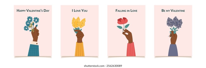 Set of Valentines day greeting cards with human hands holding flowers. Valentines day and love concept. Flat style hand drawn vector posters.