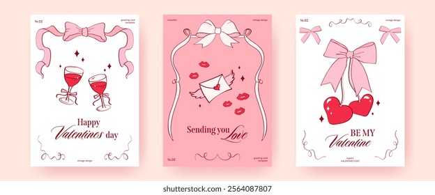 Set of Valentine's Day greeting cards, posters, banner in coquette style. Vintage pink ribbons, bows, wine, cherries, kisses, decoration, modern typography. Retro templates for romantic designs, print