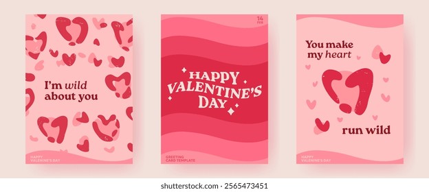 Set of Valentine's Day greeting cards, posters. Retro style, heart shaped leopard skin print and playful modern typography. Trendy romantic templates for valentines, gift, print, love themed designs.