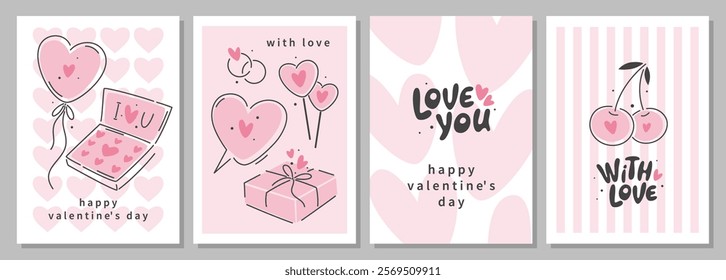 Set of Valentine's day greeting cards. Templates for celebration, ads, branding, poster, cover, banner. Vector illustration.
