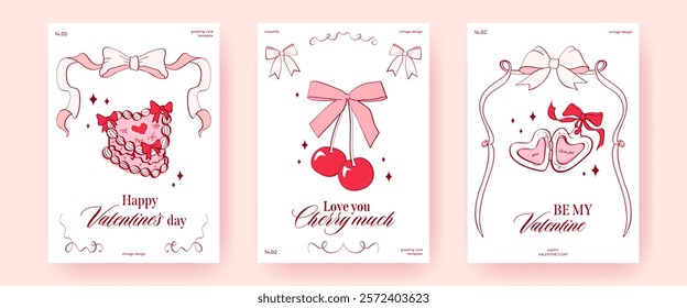 Set of Valentine's Day greeting cards, posters, banner in coquette style. Vintage ribbons, cake, cherries tied in a pink bow, heart locket, modern typography. Retro templates for romantic designs.