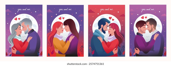 Set with Valentine's day greeting cards. Senior couple, lgbtq+ and straight couples in love, February 14. Romantic relationships, hearts, flowers, gradient sky and lettering text "You and me". 
