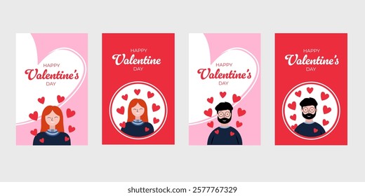 Set of Valentine's Day greeting cards. Cute cards with a boy and a girl. Vector illustration suitable for website and social media marketing materials