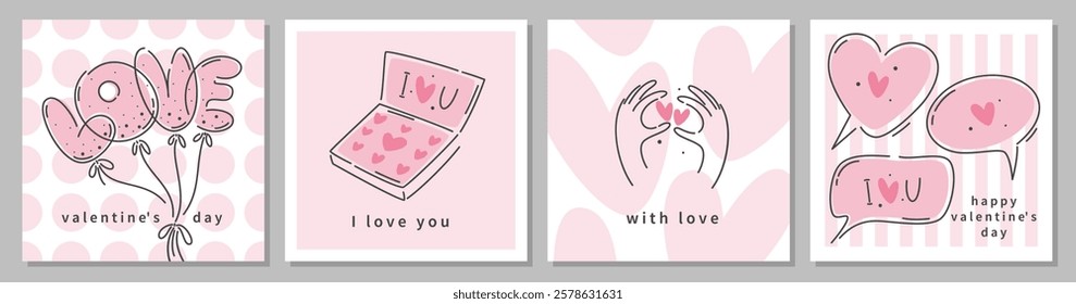 Set of Valentine's day greeting cards. Templates for celebration, ads, branding, poster, cover, banner. Vector illustration.