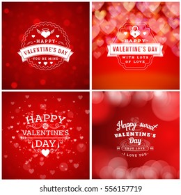 Set of Valentines Day Greeting Cards or Poster Design Templates. Vintage Typographic Design with Abstract Vector Red Background