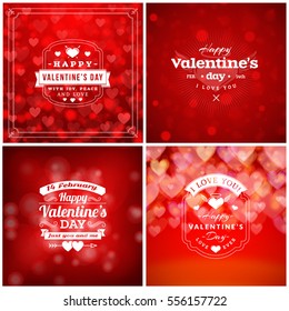 Set of Valentines Day Greeting Cards or Poster Design Templates. Vintage Typographic Design with Abstract Vector Red Background