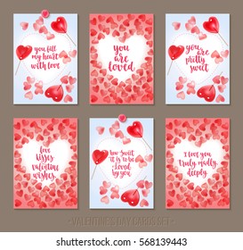 Set Valentine's Day greeting cards with handwritten brush calligraphy and sweet candy hearts and lollipops. Decorative vector illustration for season invitations, cards, posters and flyers.