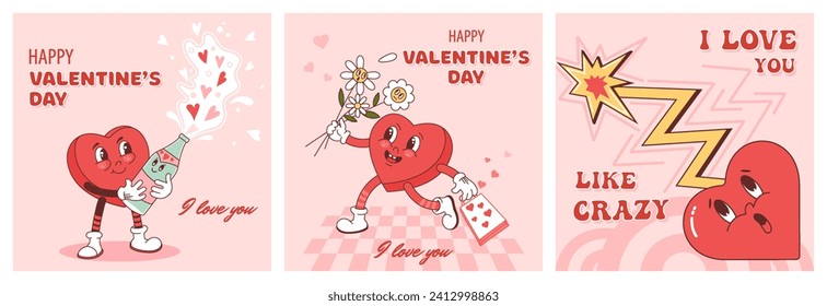 Set of Valentines day greeting cards.Valentine's day.Groovy retro funny crazy love hearts   and text. Vector Hippie happy hearts in retro cartoon style. Vintage hearts in retro cartoon style and text.