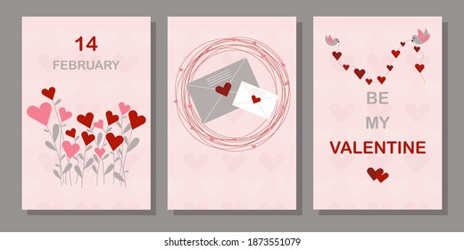 Set of Valentine's day Greetings Cards with Hearts. Bouquet of Hearts, mail Letters and birds which are Bringing Lights. 14 February, be my Valentine. Flat Vector Illustration.