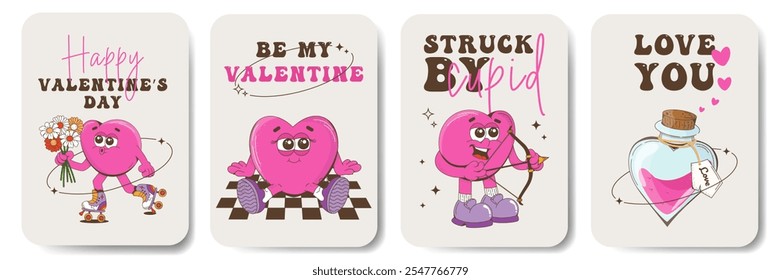 Set of Valentine's day groovy greeting cards. Happy Valentines day greeting card, print.