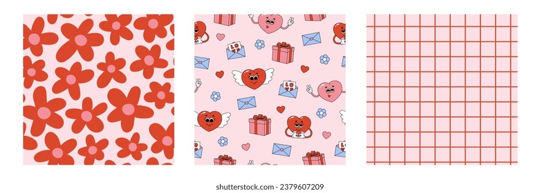 Set of Valentines day groovy seamless patterns. Funky backgrounds and texture in trendy retro cartoon style. Vector illustration