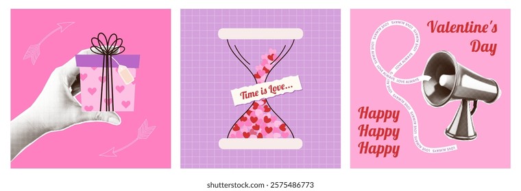 A set of Valentine's Day halftone collage design card gift box, hourglass filled hearts. Retro megaphone with text. Trendy romance mixed media pink and purple colors banners. Vector illustration