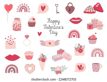 Set of Valentine's Day hand drawn cute elements. Template for greeting card, invitation, poster, banner, gift tag, print. Isolated vector illustration 