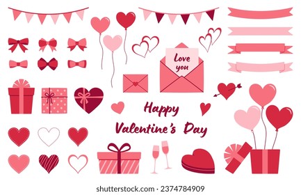 Set of Valentine's day hand drawn decorative elements. Ribbons, bows, garlands, gift boxes, balloons, envelopes, heart shaped frames.