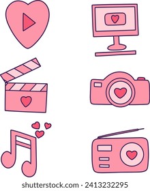 Set of Valentine's day hand drawn vector illustration. Play button hearts, computer, clapperboard, camera, music and radio.