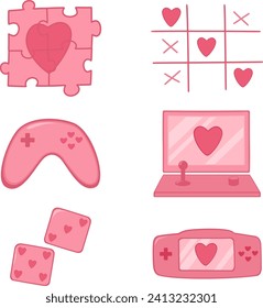 Set of Valentine's day hand drawn vector illustration. Heart puzzle, heart tic-tac-toe, gamepad, games, dice, and PSP pad.