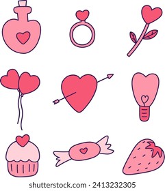 Set of Valentine's day hand drawn vector illustration. Potion bottles, rings, flowers, balloons, heart arrows, lights, cakes, candy, and strawberries.