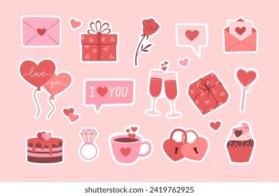 Set of Valentine's day hand drawn decorative stickers. Gift, letter, heart, balloon, cake, vine, cupcake, rose, candy, ring vector illustration. 