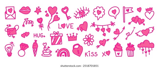 Set of Valentines Day hand drawn elements. Valentine's Day doodles set. Pink handdrawn love elements, isolated on white background. Collection of scribble hearts, cute romantic doodles. Love theme