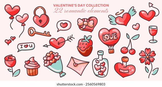 Set of Valentine's Day hand drawn colorful romantic elements. Hearts, balloons, roses, gifts, strawberry, envelopes etc. Cute doodle collection for decoration, stickers, greeting cards. Love concept.