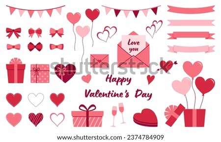 Set of Valentine's day hand drawn decorative elements. Ribbons, bows, garlands, gift boxes, balloons, envelopes, heart shaped frames.