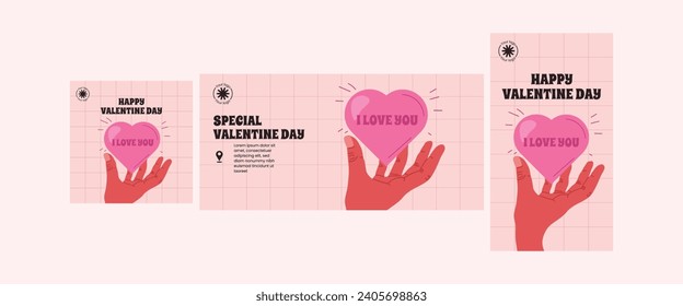 Set of Valentine's day hands with floating hearts, hearts on hands Vector minimalist illustration for posters, ads and social media stories