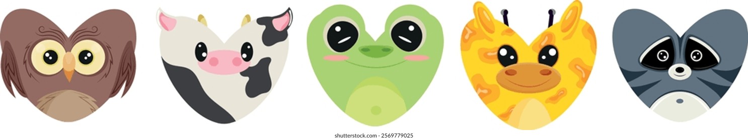 set of Valentine's day heart icons with animals, namely frog, giraffes, cows, hippos and raccoons in a heart shape for children's textiles or packaging