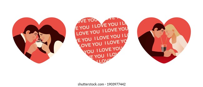 Set of Valentine's Day Heart Shape Cartoons. Modern Flat Vector Illustration. Couple Sitting Opposite to Each Other. Social Media Ads.