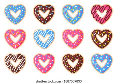 Set of Valentine's, Day heart shaped donuts with pink, blue and chocolate icing. Vector flat design isolated on white background.