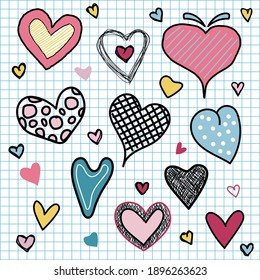 Set of valentine's day hearts love doodles hand draw on grid background. Vector illustration