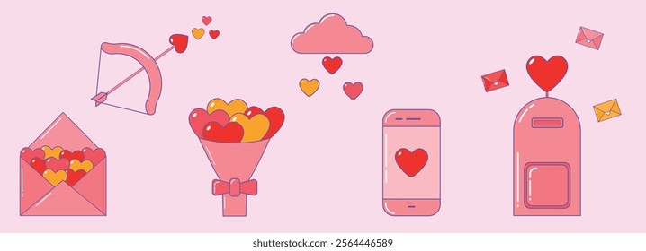 A set for Valentine's Day, Hearts, a mailbox, an arrow and bow, cloud and hearts, an envelope, love call, heart flowers bouquet, flat vector illustration