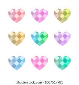Set of Valentines Day Hearts vector icons with diamond emerald texture,elements for romantic gift,postcard,background,card invitation,wedding celebration