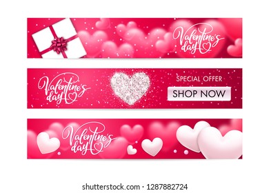 Set of Valentine's day holiday cards with shiny heart and lettering. Template for a banner, poster, shopping, discount, invitation. Vector illustration for your design