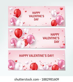 Set von Valentinstag horizontalen Bannern. Romantische Designs mit realistischen festlichen Objekten, Ballons, Herzen, glitzernden Konfetti.