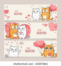 Set of Valentines Day horizontal vector banners with cute cats