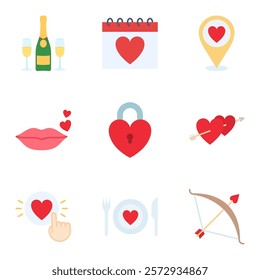 Set of valentines day icon. Heart, romantic and love symbols isolated on a white background. Vector illustration.