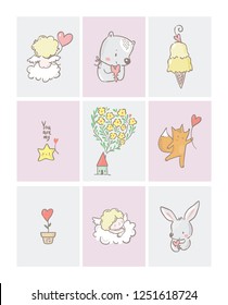 Set of Valentine's Day icon and logos/ angel, teddy, fox, home, heart, bunny