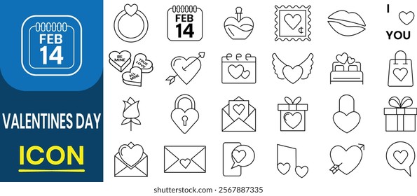 Set of Valentine's Day icon. Valentine's Love message, broken heart, flower, candy, heart with wings, target, padlock for web, mobile. Heart, romantic valentines day symbols. Vector illustration.