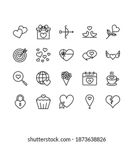 Set of Valentine's day icon on white background. Symbols of love - heart, cupid, arrow, valentine, gift, ring, message and broken heart in thin line style. Editable stroke.