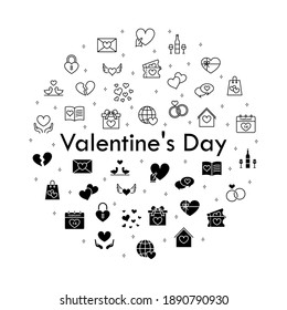 Set of Valentine's day icon on white background. Symbols of love - heart, cupid, arrow, valentine, gift, ring, message and broken heart in thin line style.