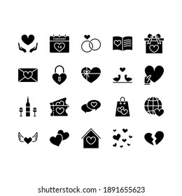 Set of Valentine's day icon on white background. Symbols of love - heart, cupid, arrow, valentine, gift, ring, message and broken heart in thin line style.