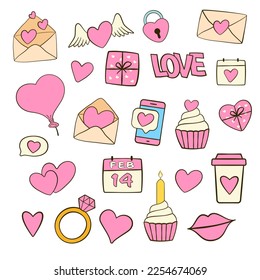 Set of Valentine's day icons. Cartoon flat icons. Vector illustration. Isolated on white background