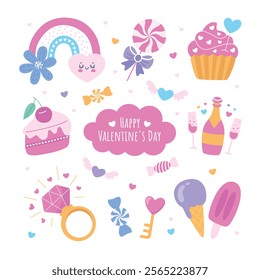A set of Valentines Day icons champagne ice cream lollipops a ring a cake a rainbow a cupcak